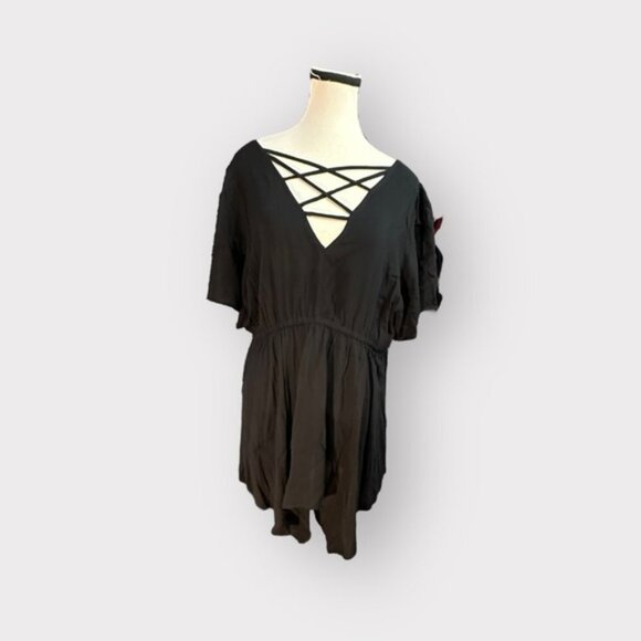 Women’s Torrid 0 Black Mini Challis Skater Dress Strappy Back 12 Large - Picture 7 of 14